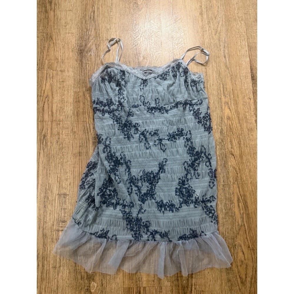 Third Charm Blue Floral Smocked Mesh Lace Trim Ruffle Hem Cami Top XL Boho
